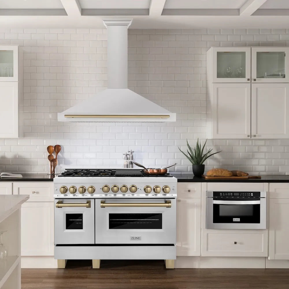 ZLINE Autograph Edition 48-inch range hood in stainless steel and champagne bronze accents KB4STZ-48-CB, view 2