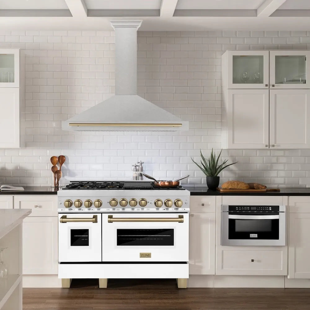 ZLINE Autograph Edition 48-inch range hood in satin stainless steel and champagne bronze accents KB4SNZ-48-CB, view 2