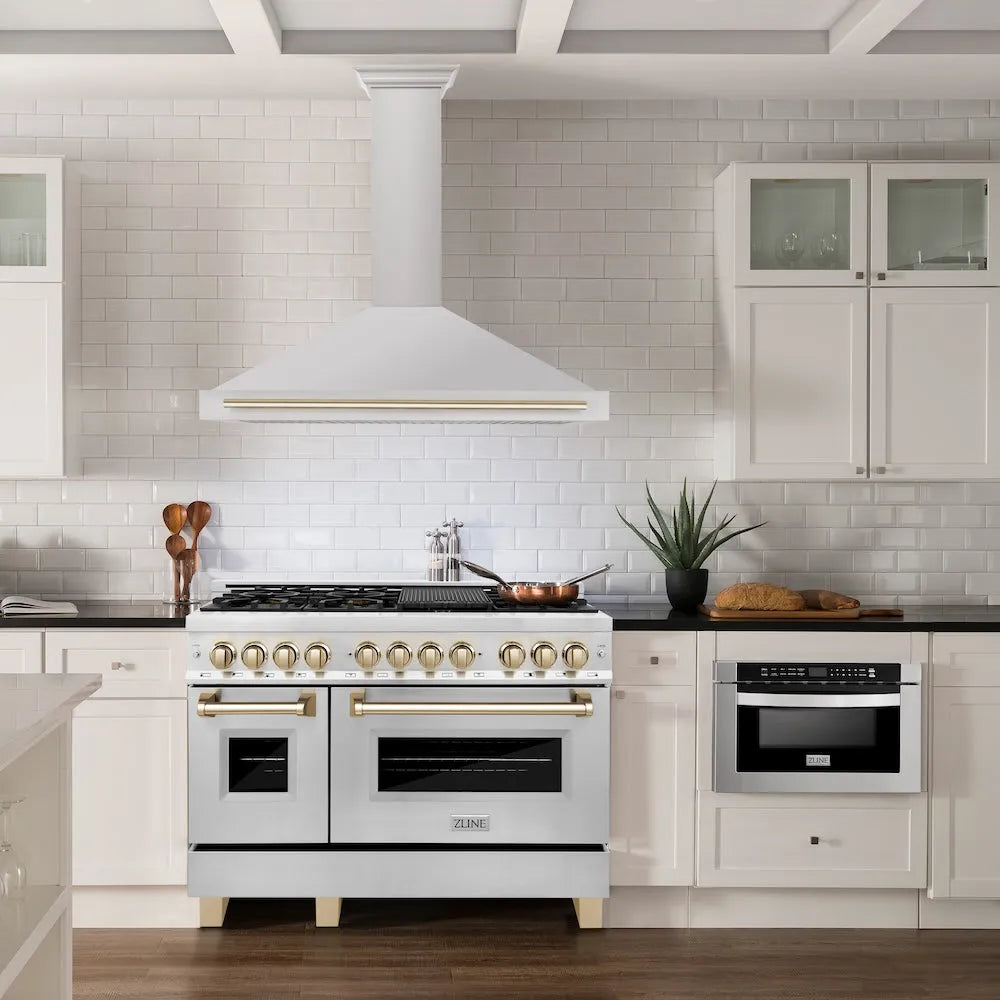 ZLINE Autograph Edition 48-inch range hood in stainless steel and polished gold accents KB4STZ-48-G, view 2