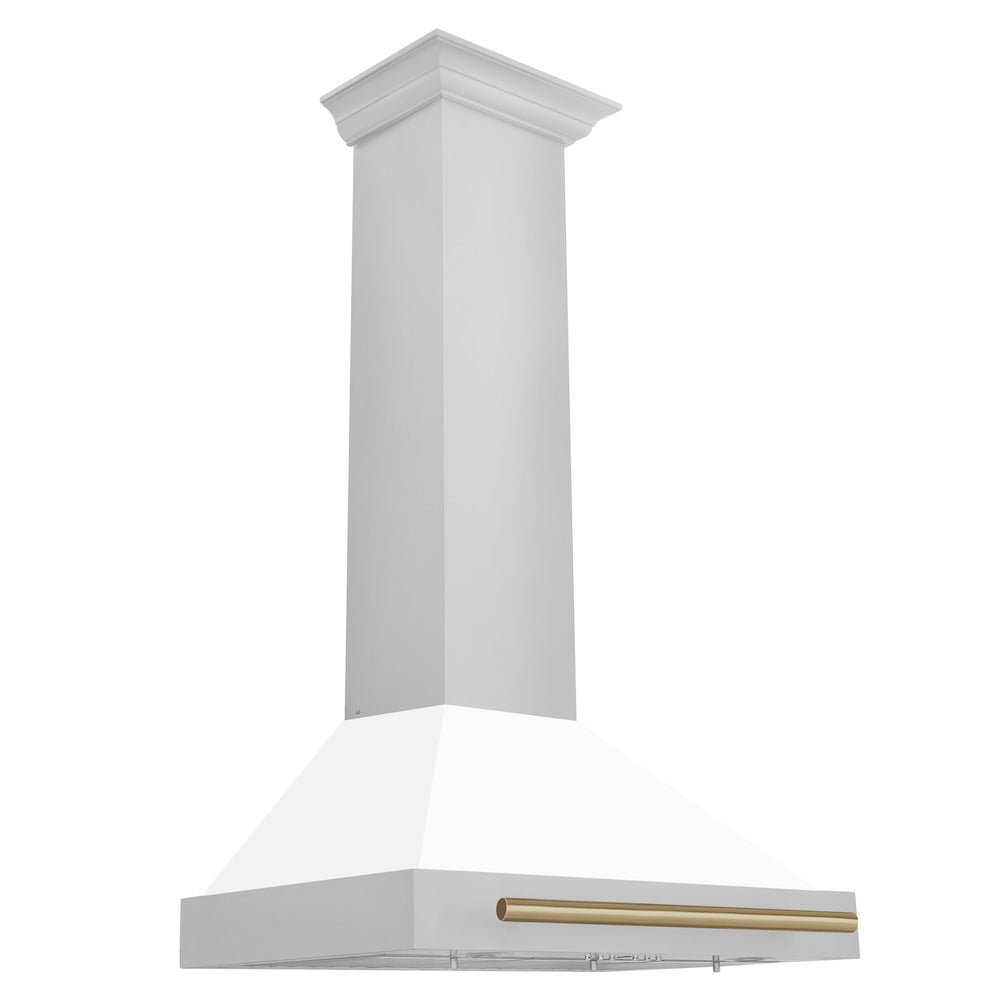 ZLINE Autograph Edition 30-inch range hood in white matte and champagne bronze accents KB4STZ-WM30-CB