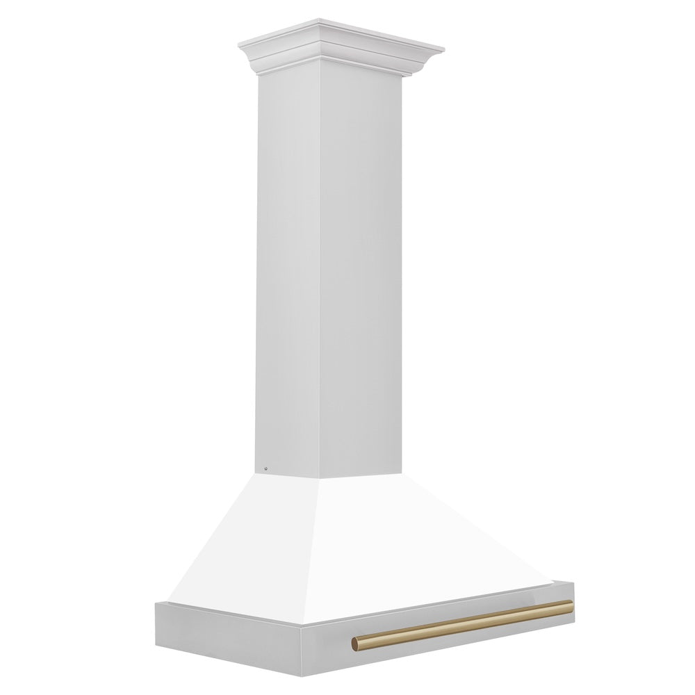 ZLINE Autograph Edition 30-inch range hood in white matte and champagne bronze accents KB4STZ-WM30-CB, side view