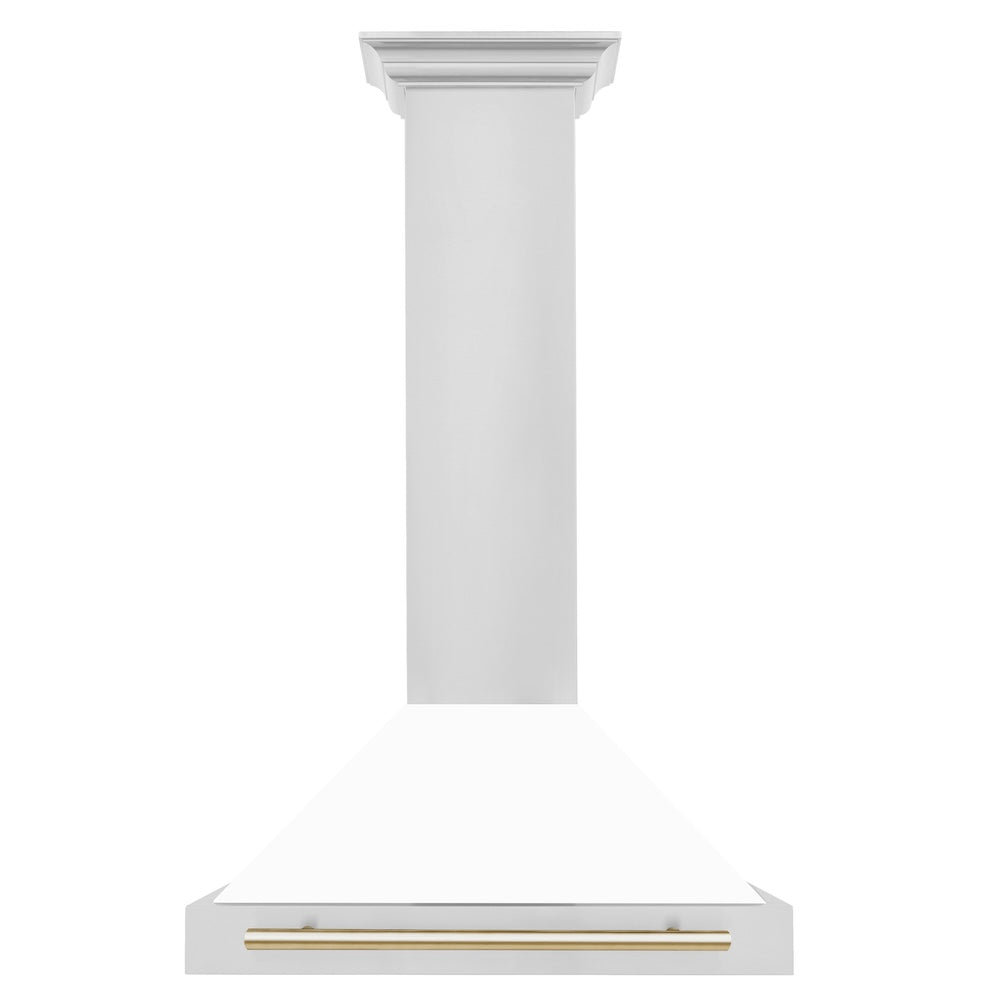 ZLINE Autograph Edition 30-inch range hood in white matte and polished gold accents KB4STZ-WM30-G, front view