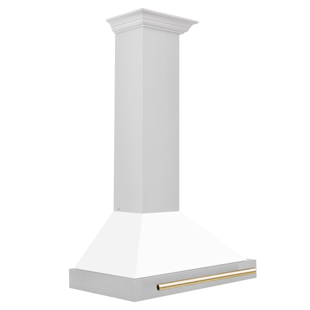 ZLINE Autograph Edition 30-inch range hood in white matte and polished gold accents KB4STZ-WM30-G, side view