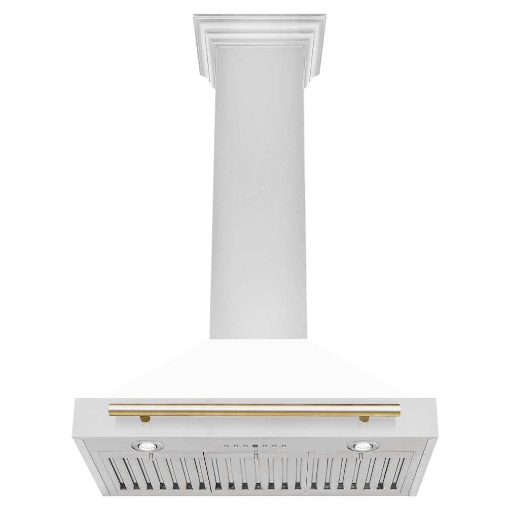 ZLINE Autograph Edition 30-inch range hood in white matte and polished gold accents KB4STZ-WM30-G, view 3