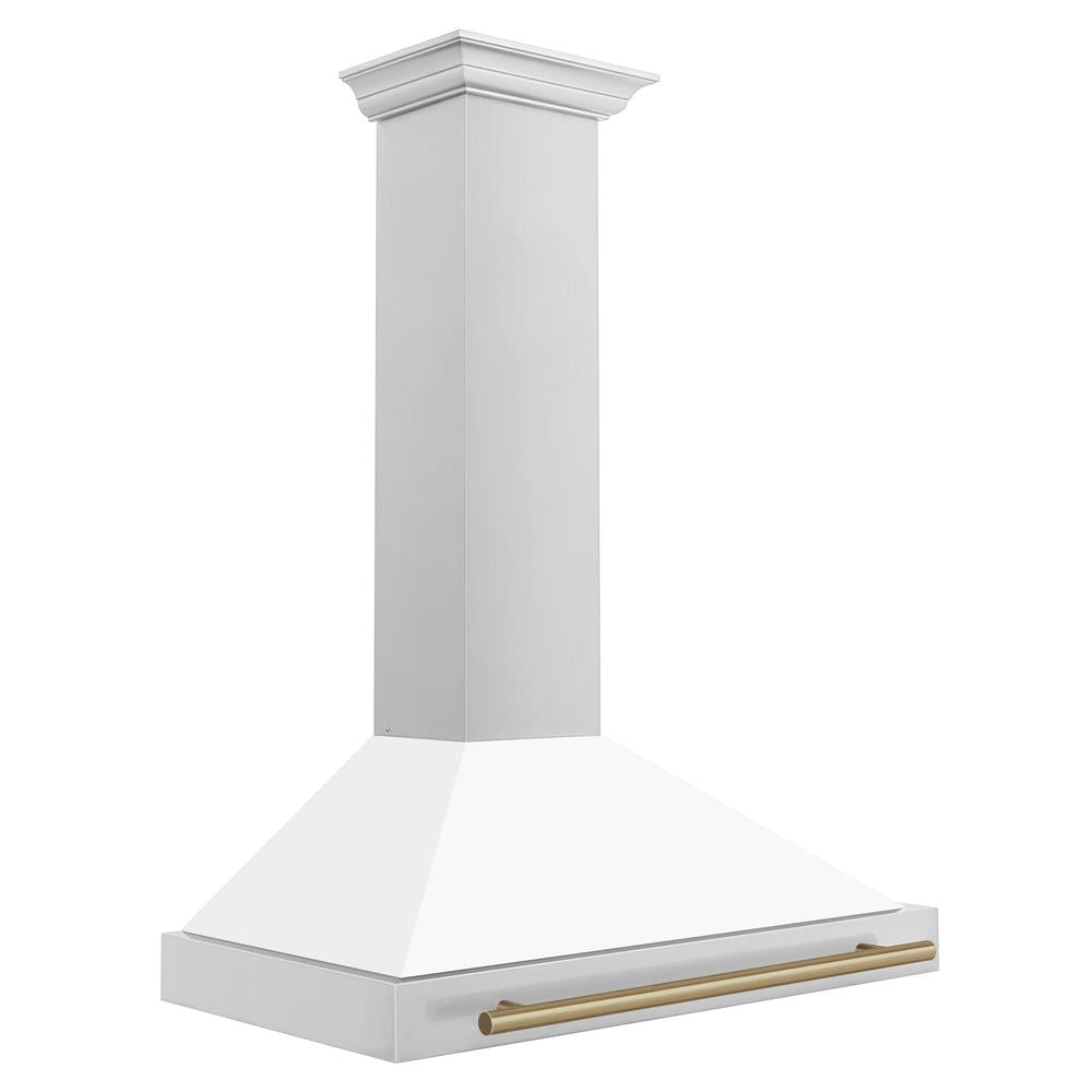 ZLINE Autograph Edition 36-inch range hood in white matte and champagne bronze accents KB4STZ-WM36-CB, side view