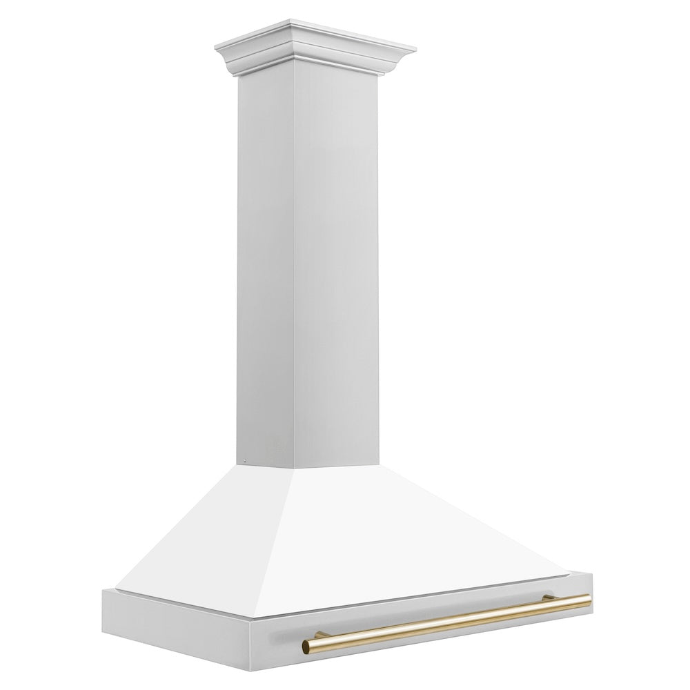 ZLINE Autograph Edition 36-inch range hood in white matte and polished gold accents KB4STZ-WM36-G, side view