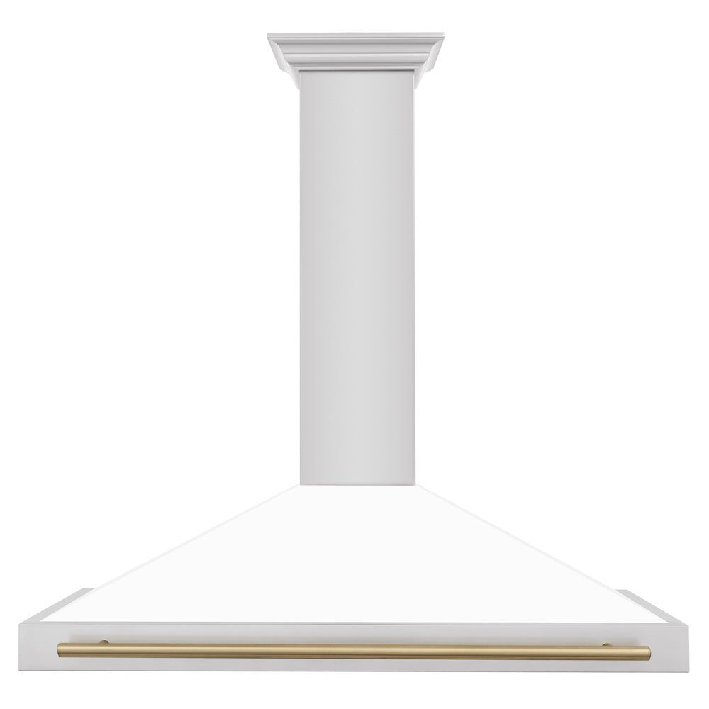 ZLINE Autograph Edition 48-inch range hood in white matte and champagne bronze accents KB4STZ-WM48-CB, front view