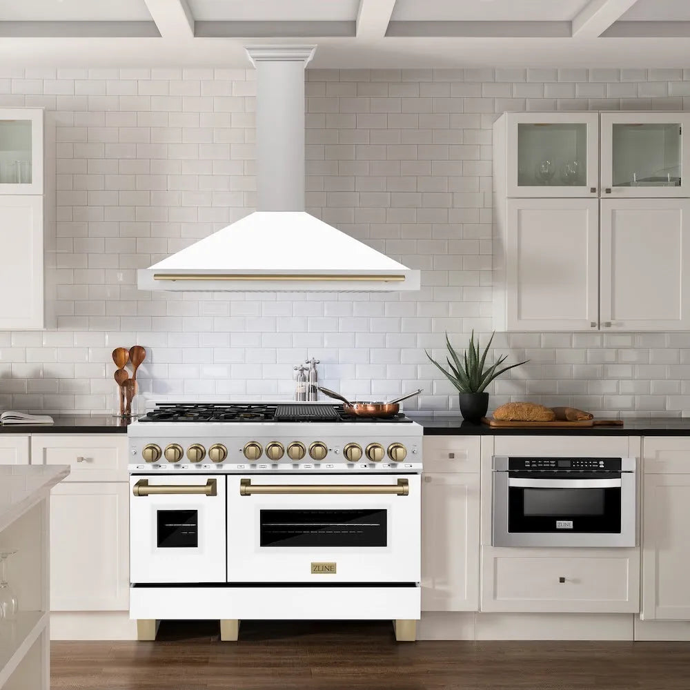 ZLINE Autograph Edition 48-inch range hood in white matte and champagne bronze accents KB4STZ-WM48-CB, view 2