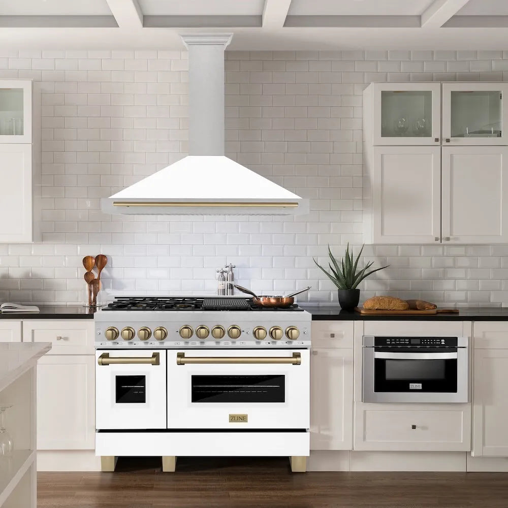 ZLINE Autograph Edition 48-inch range hood in satin stainless steel and champagne bronze accents KB4SNZ-WM48-CB, view 2