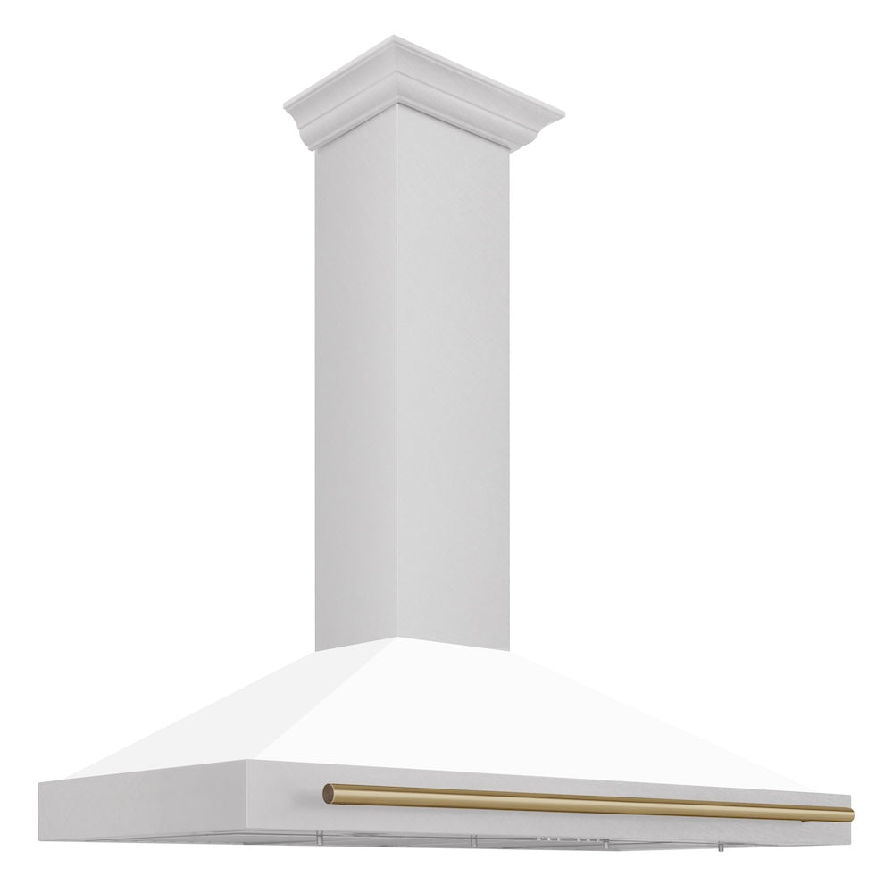 ZLINE Autograph Edition 48-inch range hood in satin stainless steel and champagne bronze accents KB4SNZ-WM48-CB