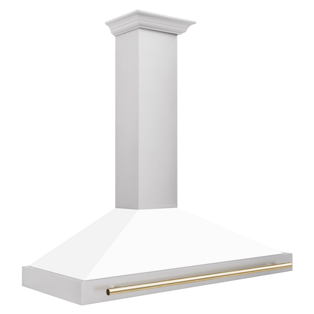 ZLINE Autograph Edition 48-inch range hood in white matte and polished gold accents KB4STZ-WM48-G, side view