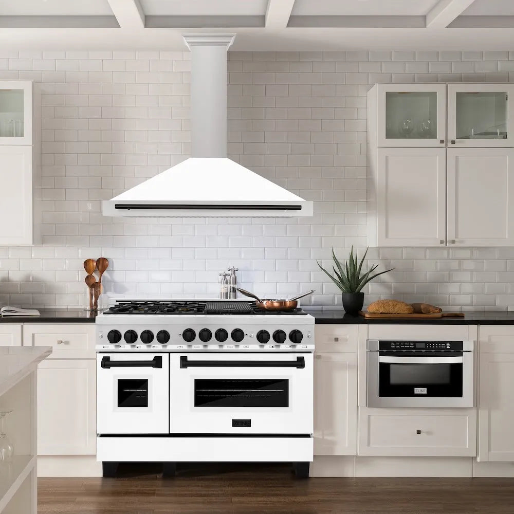 ZLINE Autograph Edition 48-inch range hood in white matte and matte black accents KB4STZ-WM48-MB, view 2