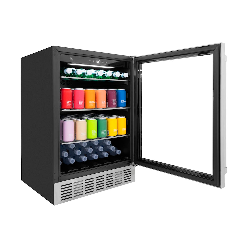 ZLINE Monument 24-inch beverage fridge in stainless steel RBV-US-24, door open