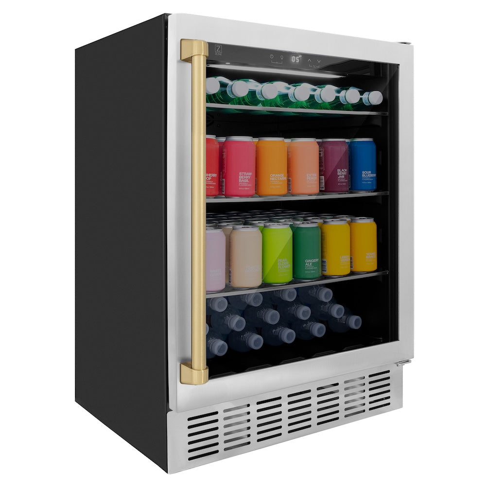 ZLINE Autograph Edition Monument 24-inch beverage fridge in stainless steel and champagne bronze accents RBVZ-US-24-CB, side view