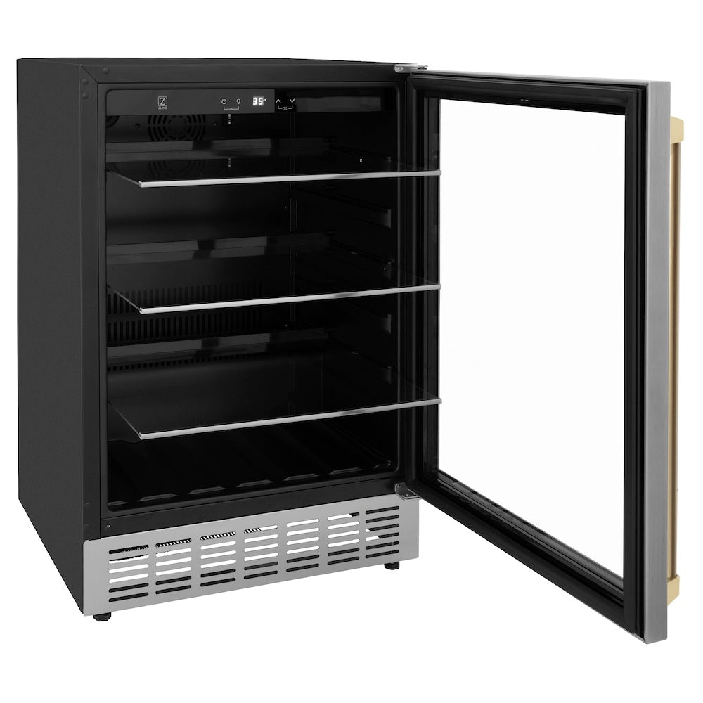 ZLINE Autograph Edition Monument 24-inch beverage fridge in stainless steel and champagne bronze accents RBVZ-US-24-CB, door open