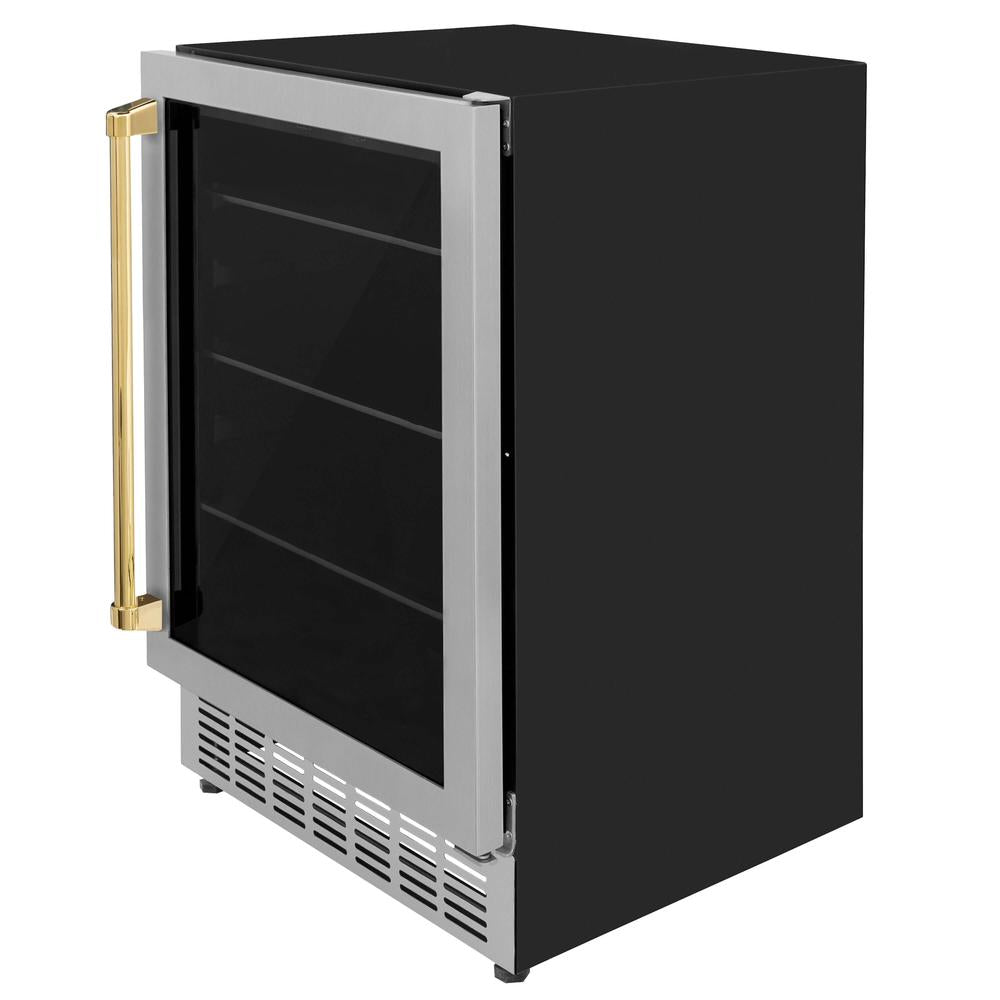 ZLINE Autograph Edition Monument 24-inch beverage fridge in stainless steel and polished gold accents RBVZ-US-24-G, side view