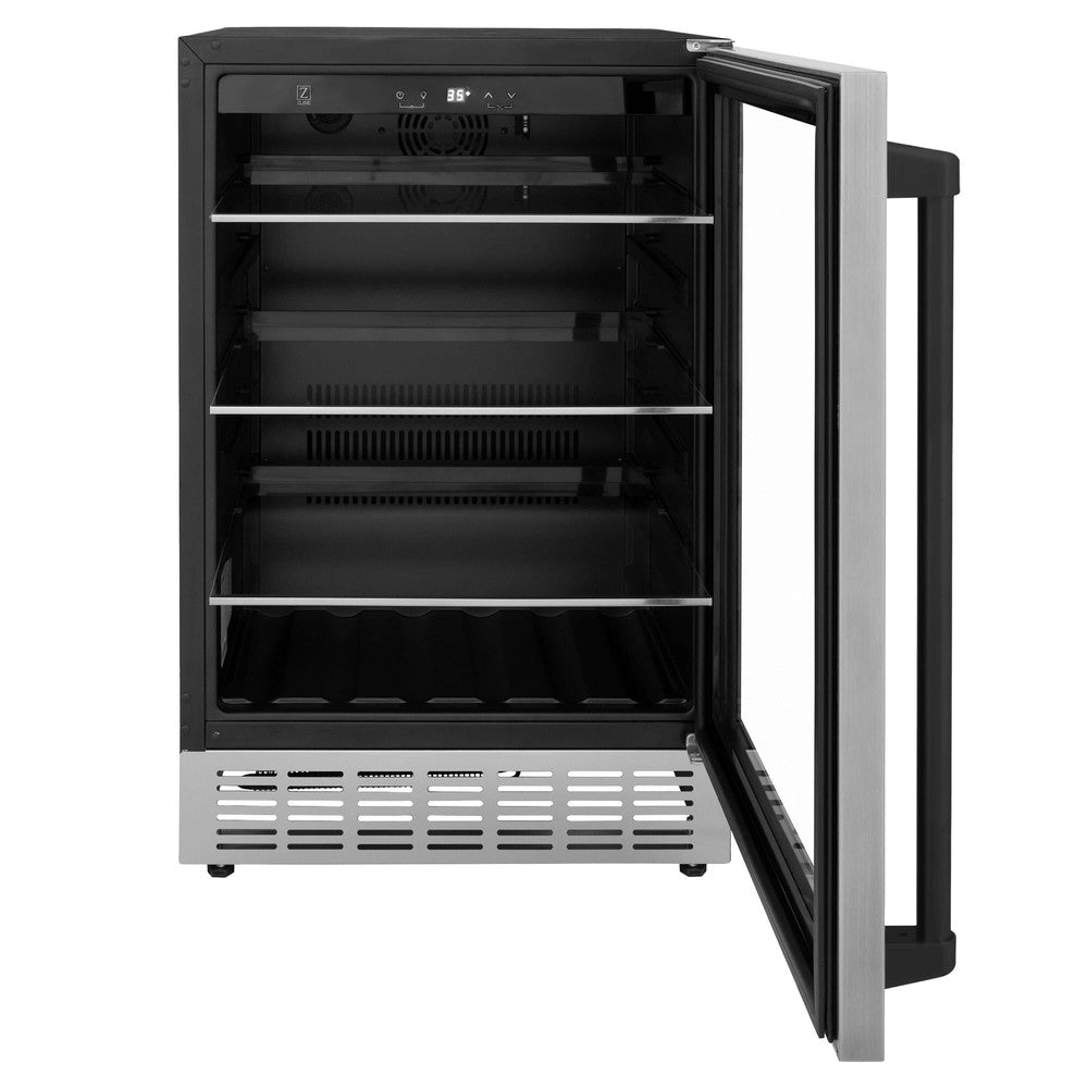ZLINE Autograph Edition Monument 24-inch beverage fridge in stainless steel and matte black accents RBVZ-US-24-MB, front view