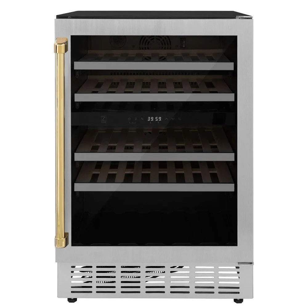 ZLINE Autograph Edition Monument 24-inch wine cooler in stainless steel and polished gold accents RWVZ-UD-24-G