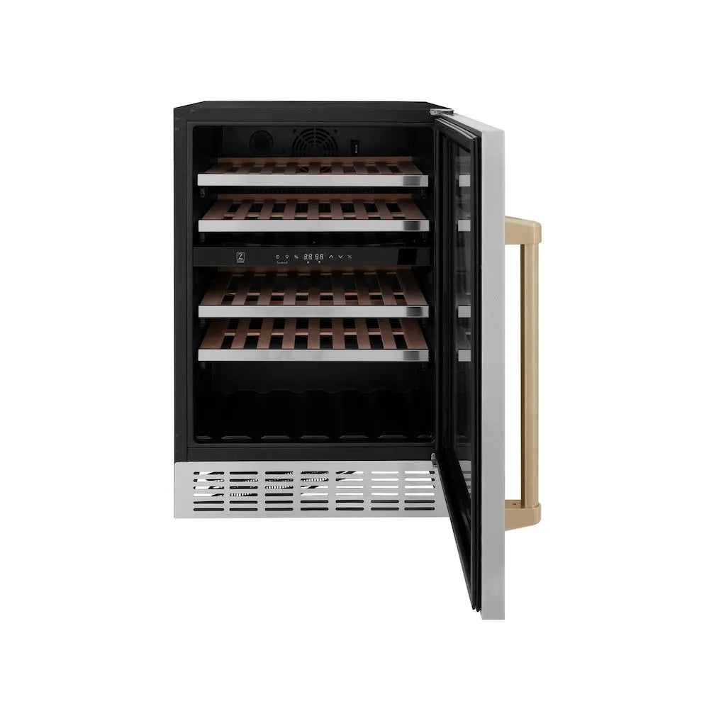 ZLINE Autograph Edition Monument 24-inch wine cooler in stainless steel and champagne bronze accents RWVZ-UD-24-CB, front view