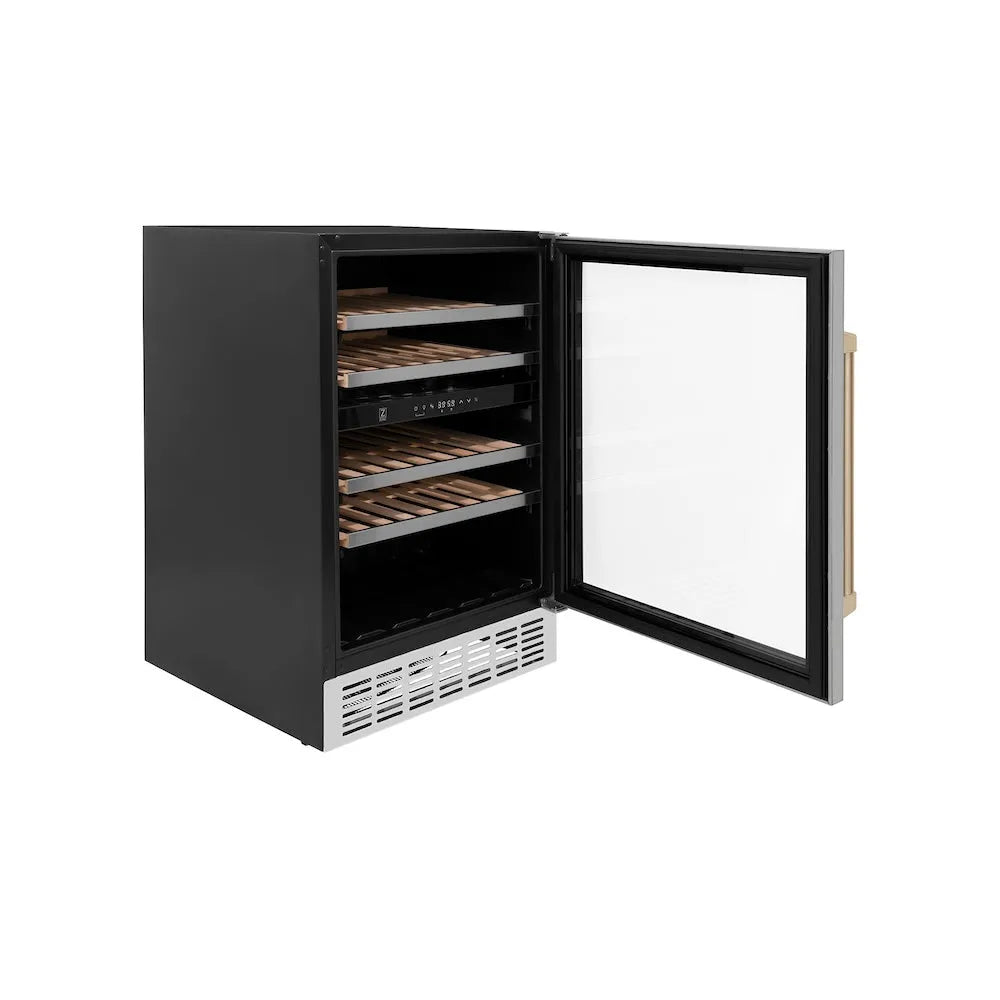 ZLINE Autograph Edition Monument 24-inch wine cooler in stainless steel and champagne bronze accents RWVZ-UD-24-CB, door open