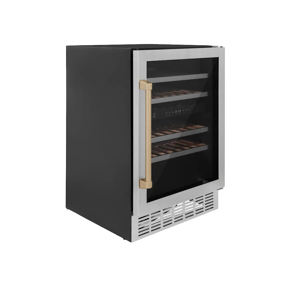 ZLINE Autograph Edition Monument 24-inch wine cooler in stainless steel and champagne bronze accents RWVZ-UD-24-CB, side view