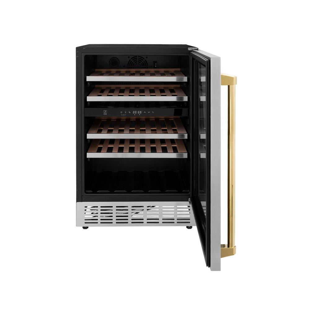 ZLINE Autograph Edition Monument 24-inch wine cooler in stainless steel and polished gold accents RWVZ-UD-24-G, front view