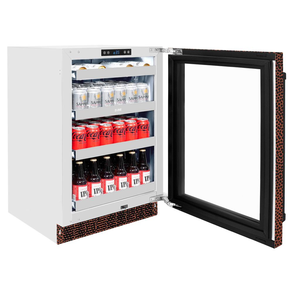 ZLINE Touchstone 24-inch beverage fridge in hand-hammered copper RBSO-HH-24, door open