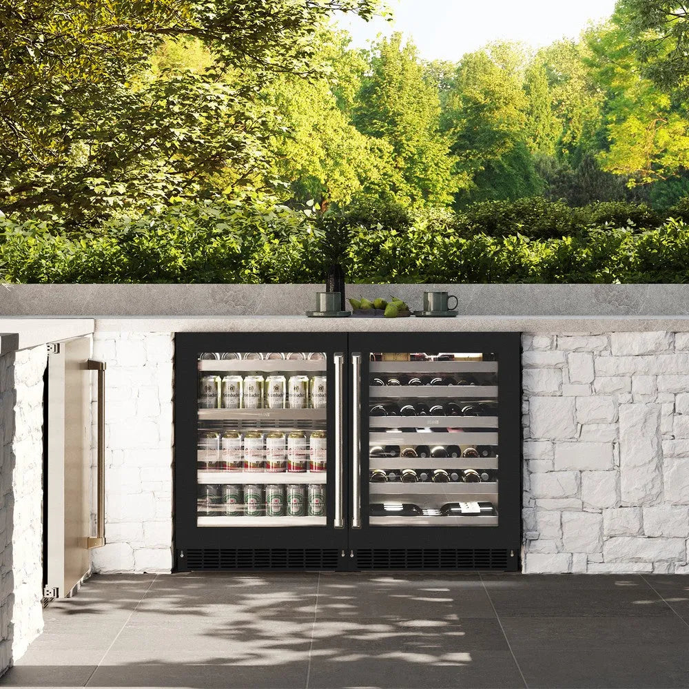 ZLINE Touchstone 24-inch beverage fridge in stainless steel with black matte door RBSO-BLM-24, front view