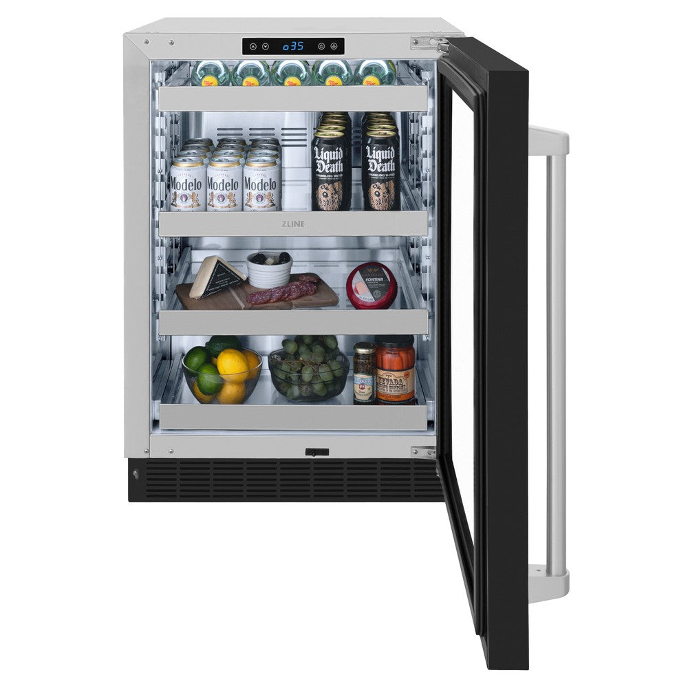 ZLINE Touchstone 24-inch beverage fridge in stainless steel with black matte door RBSO-BLM-24, front view