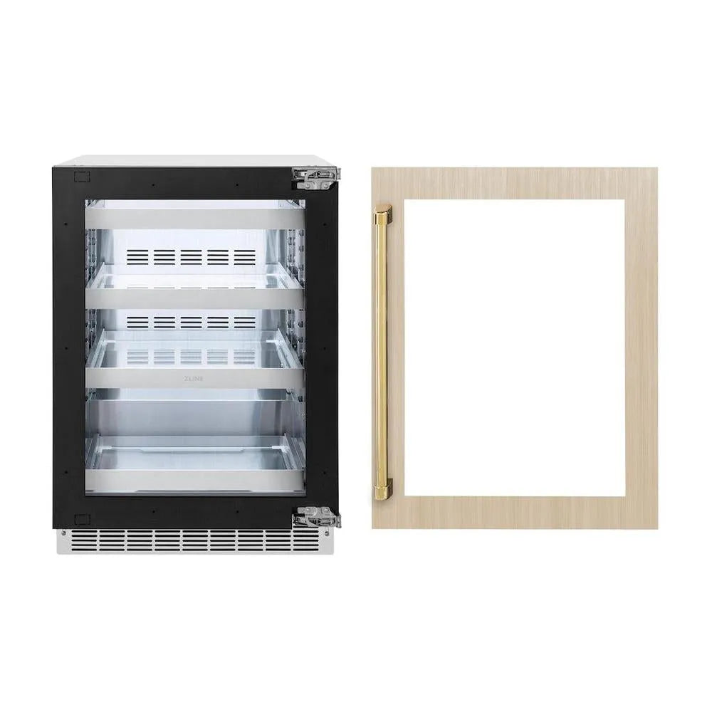 ZLINE Autograph Edition Touchstone 24-inch beverage fridge, panel ready and polished gold accents RBSPOZ-24-G
