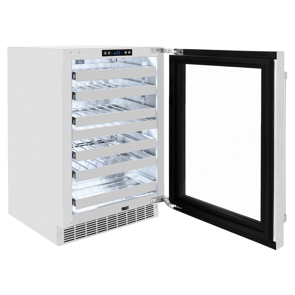 ZLINE Touchstone 24-inch wine cooler in satin stainless steel RWDO-SN-24, door open