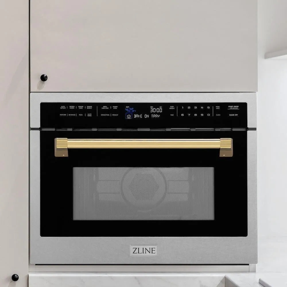 ZLINE Autograph Edition 24-inch microwave in satin stainless steel and polished gold accents MWOZ-24-SS-G, view 2