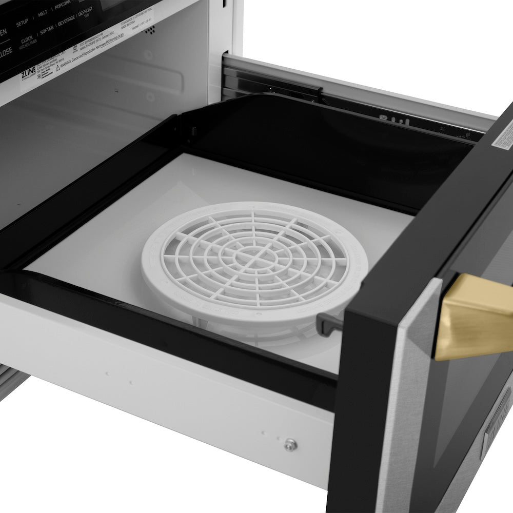 ZLINE Autograph Edition 24-inch microwave in satin stainless steel and polished gold accents MWDZ-1-SS-H-G, detail