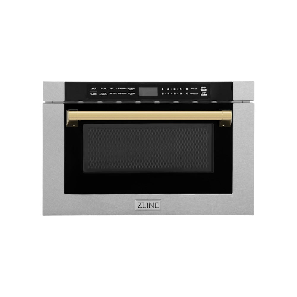 ZLINE Autograph Edition 24-inch microwave in satin stainless steel and polished gold accents MWDZ-1-SS-H-G, front view