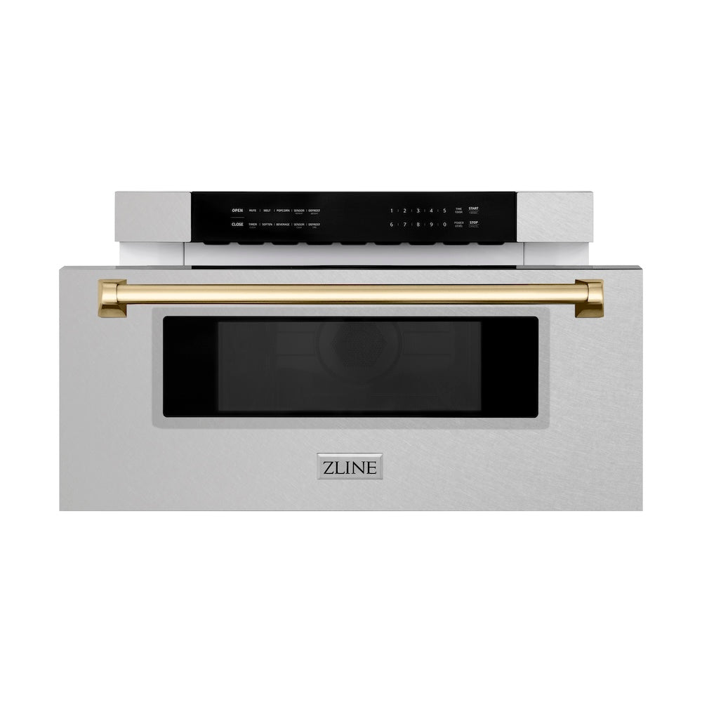 ZLINE Autograph Edition 30-inch microwave in satin stainless steel and polished gold accents MWDZ-30-SS-G, front view