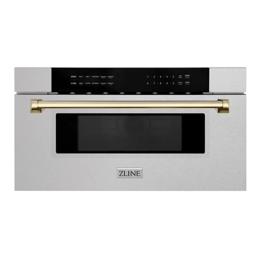 ZLINE Autograph Edition 30-inch microwave in satin stainless steel and polished gold accents MWDZ-30-SS-G
