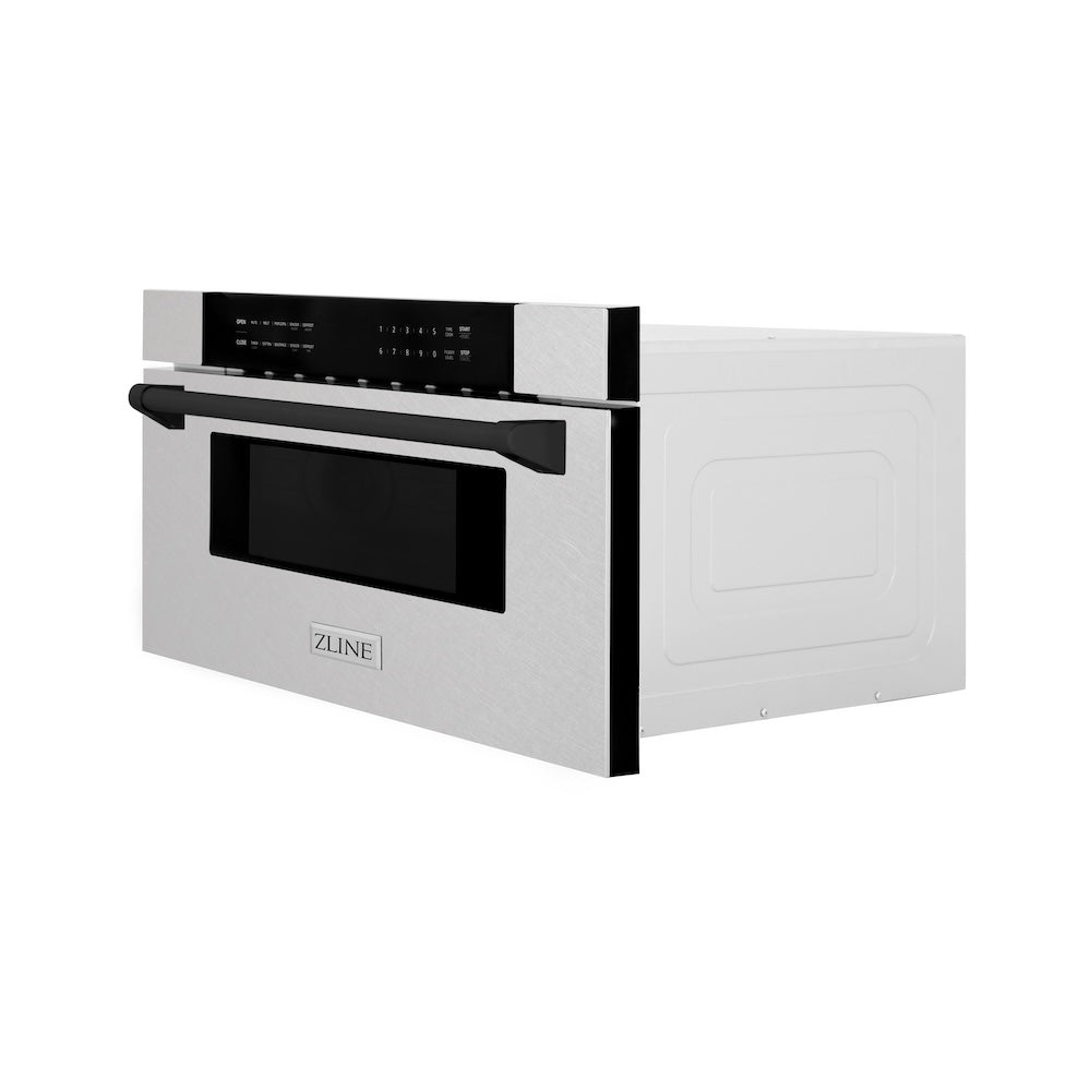 ZLINE Autograph Edition 30-inch microwave in satin stainless steel and matte black accents MWDZ-30-SS-MB, side view