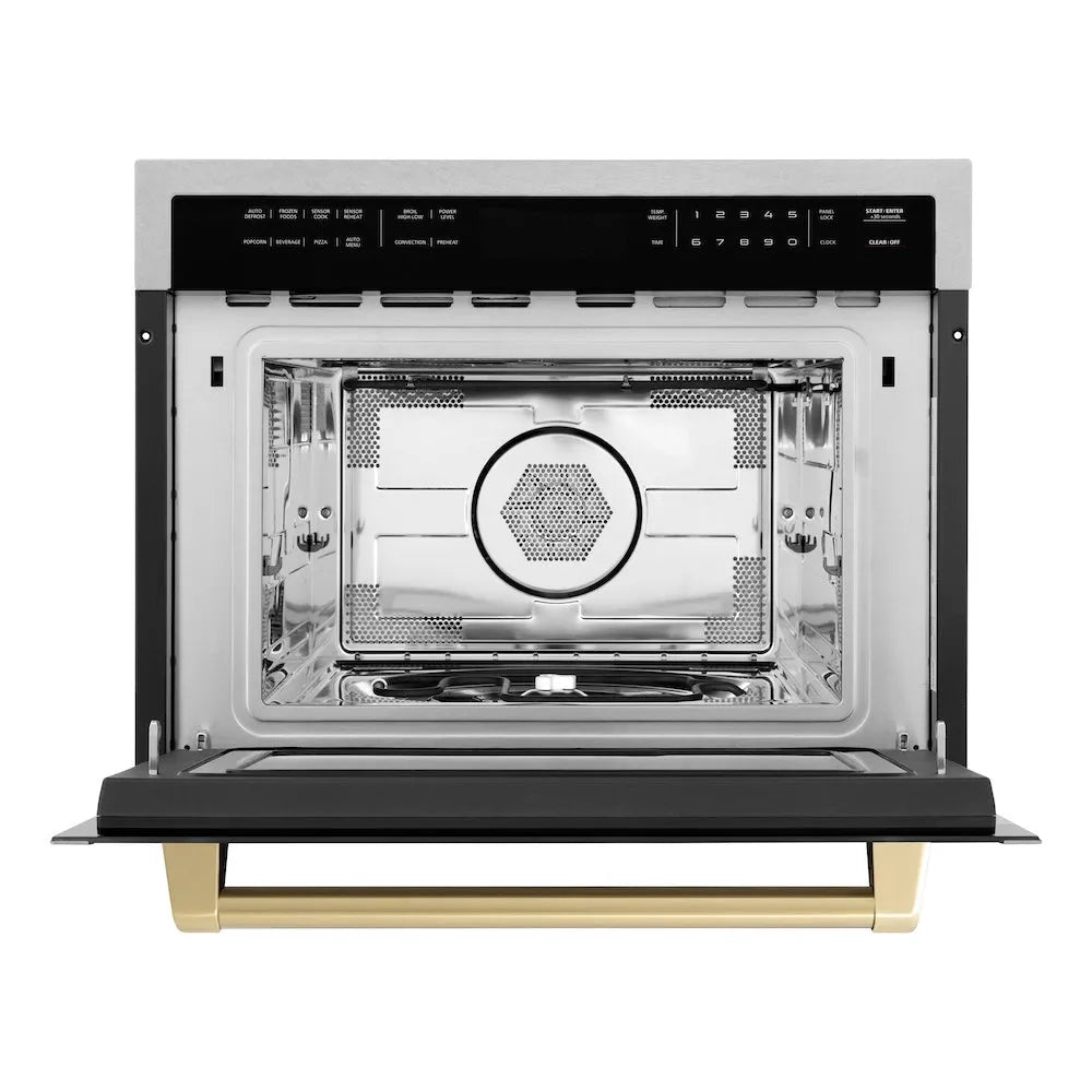ZLINE Autograph Edition 24-inch microwave in satin stainless steel and champagne bronze accents MWOZ-24-SS-CB, front view