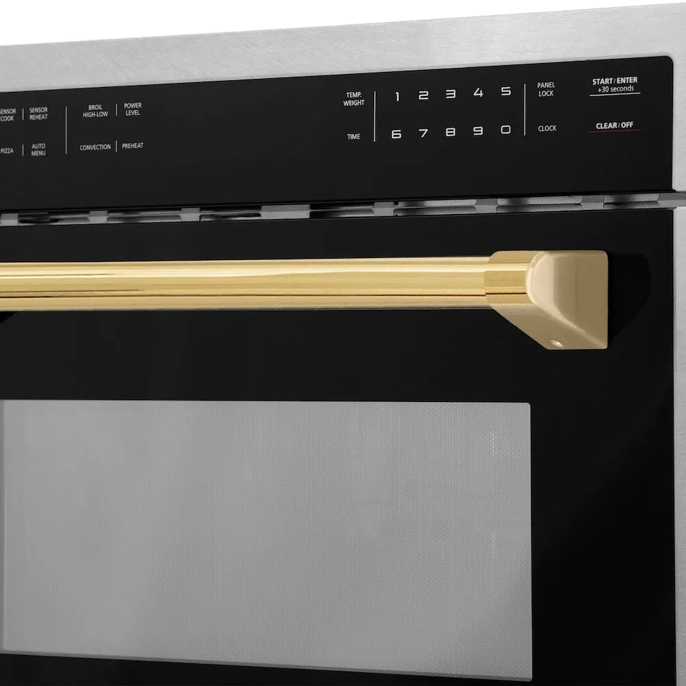 ZLINE Autograph Edition 24-inch microwave in satin stainless steel and polished gold accents MWOZ-24-SS-G, detail