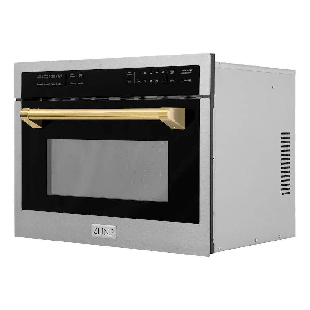 ZLINE Autograph Edition 24-inch microwave in satin stainless steel and polished gold accents MWOZ-24-SS-G, side view