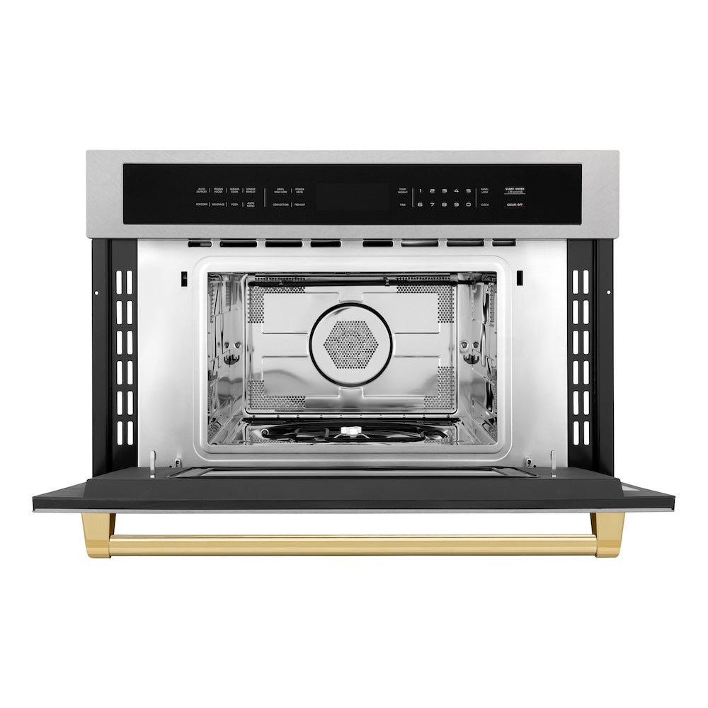 ZLINE Autograph Edition 30-inch microwave in satin stainless steel and polished gold accents MWOZ-30-SS-G, front view