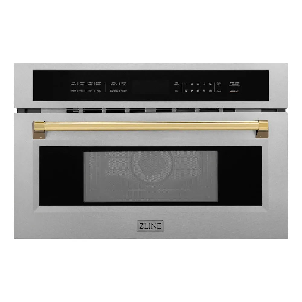ZLINE Autograph Edition 30-inch microwave in satin stainless steel and polished gold accents MWOZ-30-SS-G