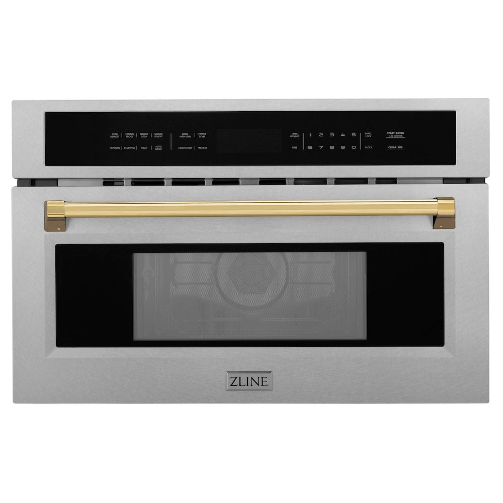 ZLINE Autograph Edition 30-inch microwave in satin stainless steel and polished gold accents MWOZ-30-SS-G, view 4