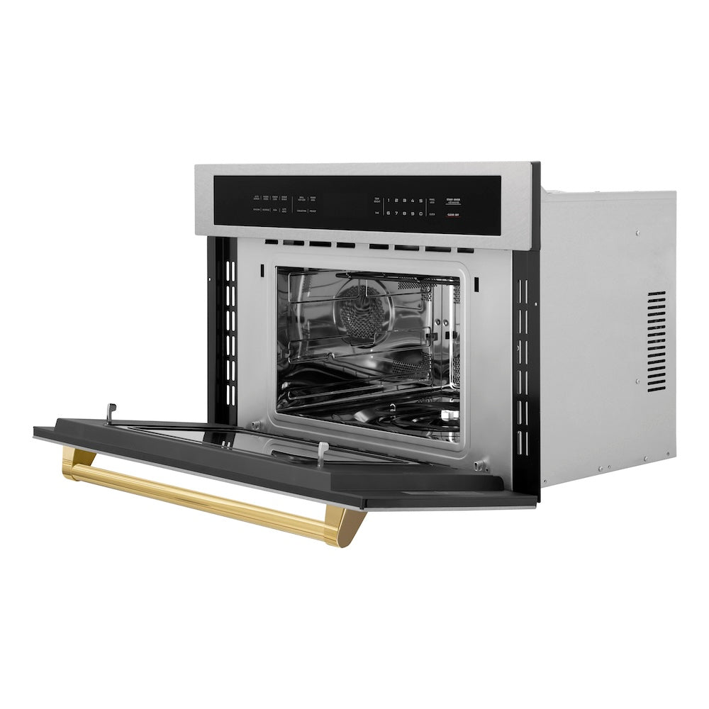 ZLINE Autograph Edition 30-inch microwave in satin stainless steel and polished gold accents MWOZ-30-SS-G, door open