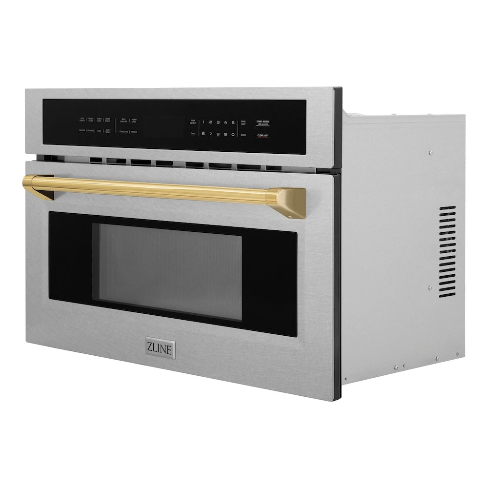 ZLINE Autograph Edition 30-inch microwave in satin stainless steel and polished gold accents MWOZ-30-SS-G, side view