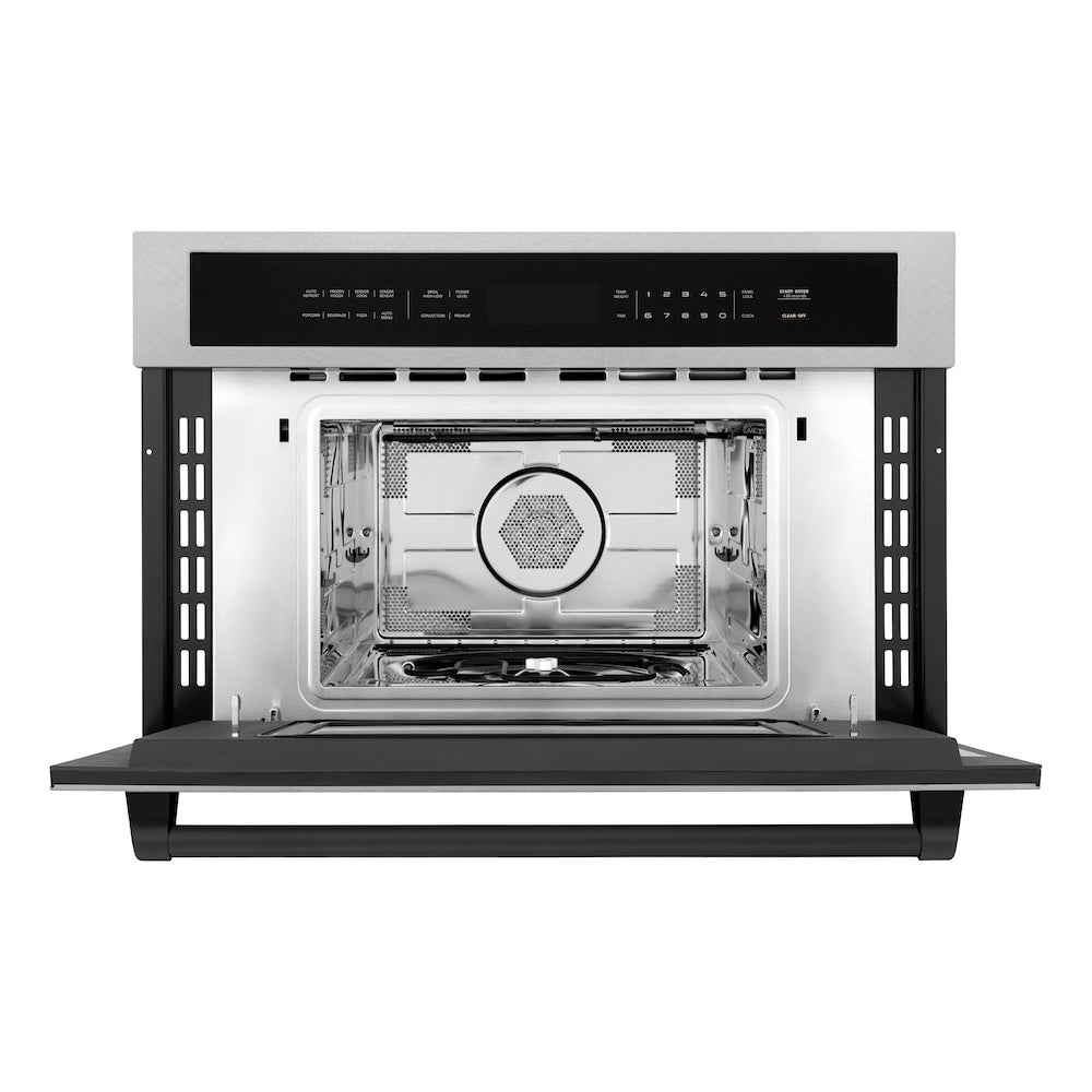 ZLINE Autograph Edition 30-inch microwave in satin stainless steel and matte black accents MWOZ-30-SS-MB, front view