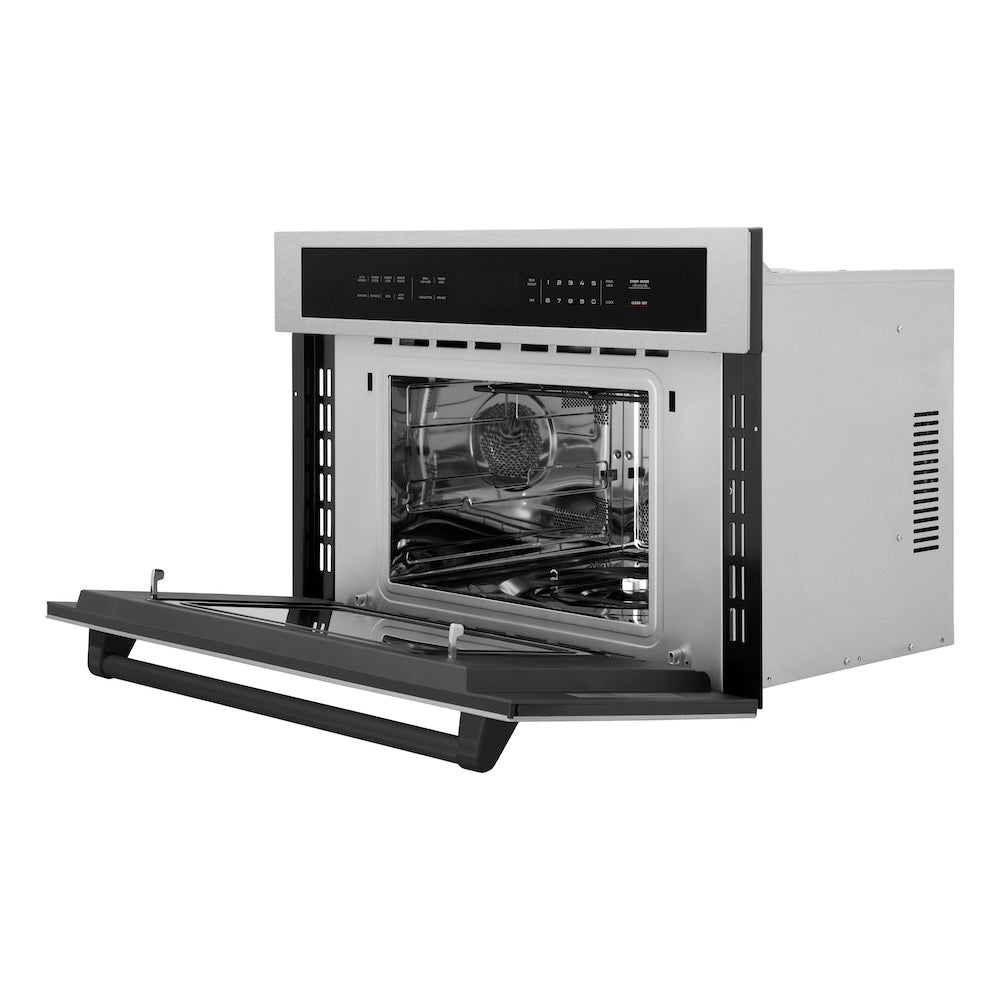 ZLINE Autograph Edition 30-inch microwave in satin stainless steel and matte black accents MWOZ-30-SS-MB, door open