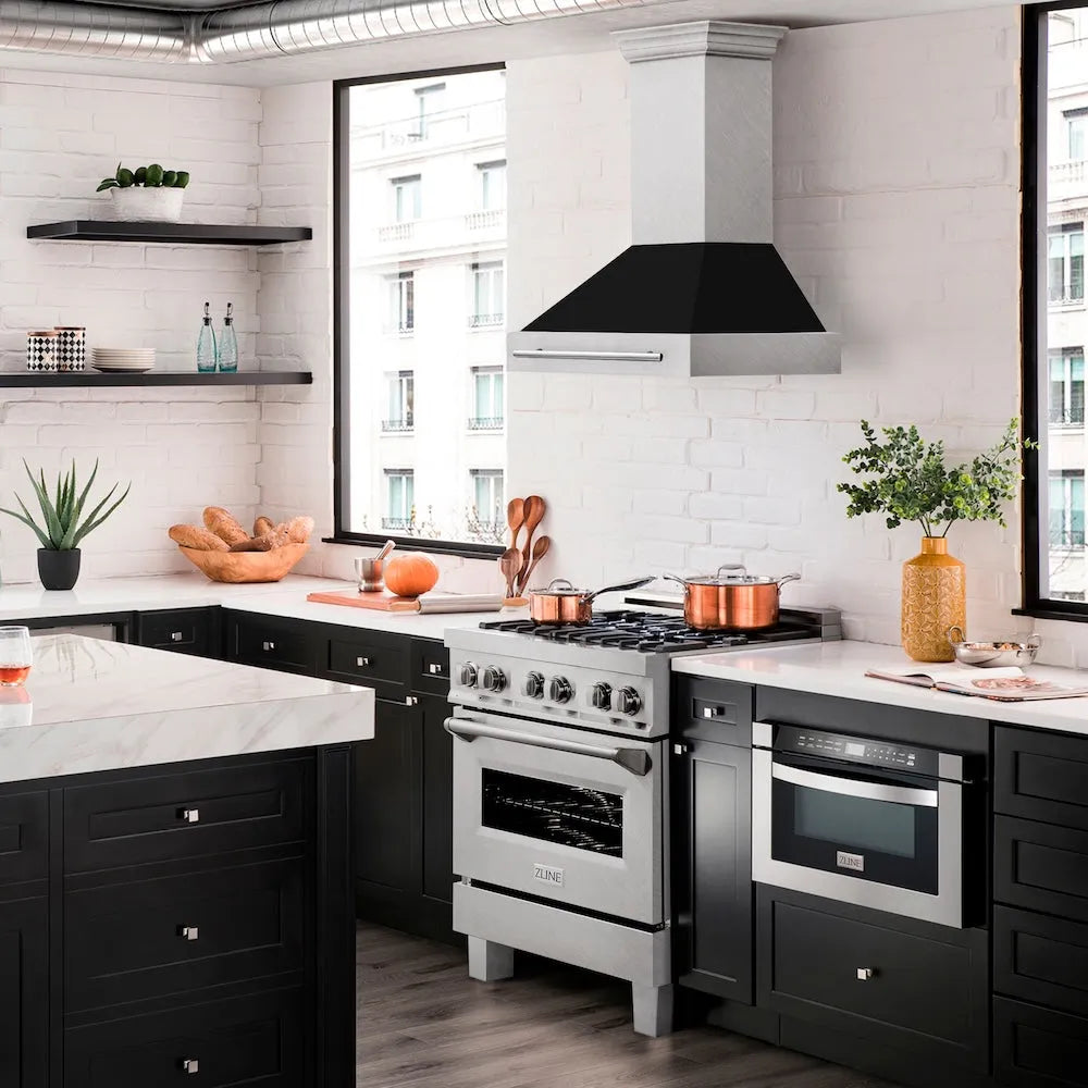 ZLINE 30-inch range hood in satin stainless steel 8654SNX-BLM-30, side view