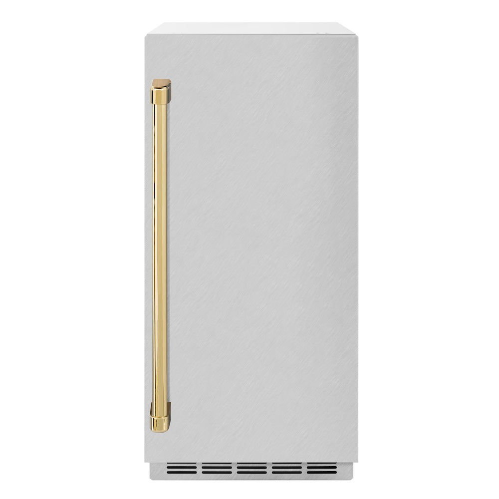 ZLINE Autograph Edition Touchstone 15-inch ice maker in satin stainless steel and polished gold accents ICCDZ-SN-15-G