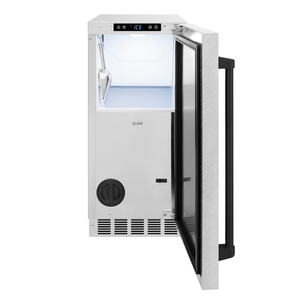 ZLINE Autograph Edition Touchstone 15-inch ice maker in satin stainless steel and matte black accents ICCDZ-SN-15-MB, front view